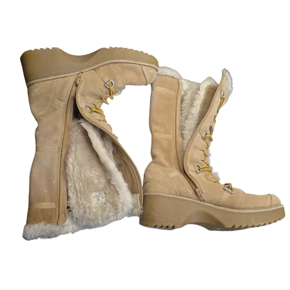 Report Icon Leather Tan Faux Fur Chunky Platform Lace Up Boots 7.5 - Picture 6 of 10